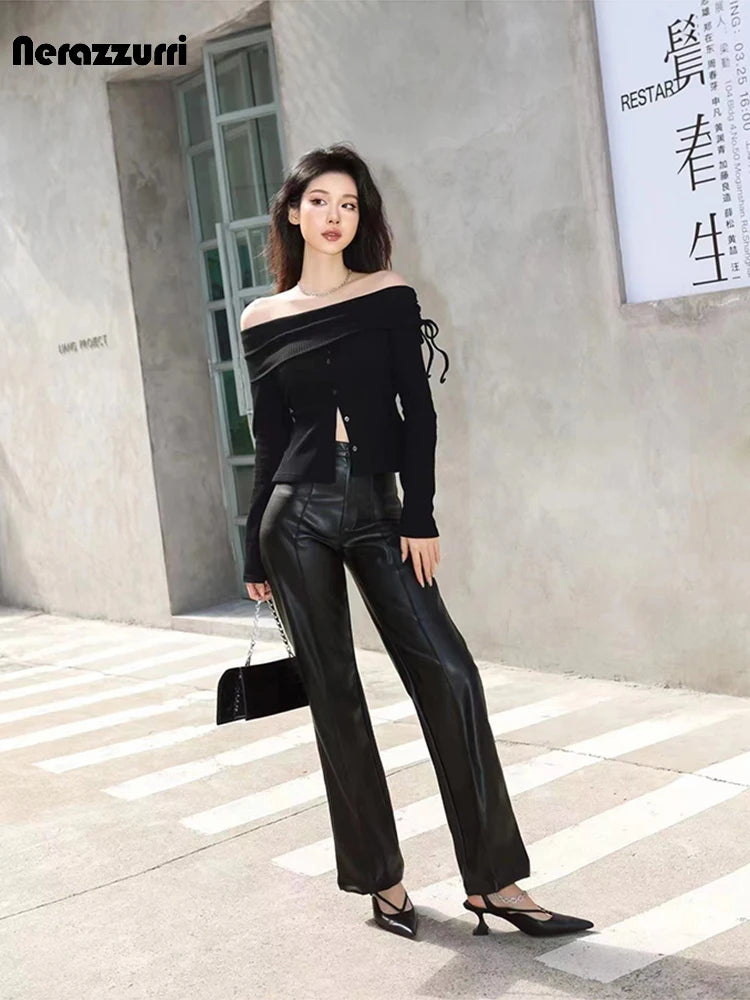 Stylish Chic Black Soft PU Leather Straight Pants Women High Waist Autumn Winter Ladies Faux Leather Trousers 2023