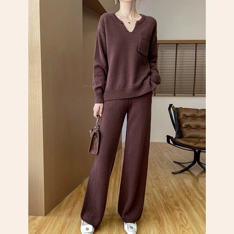 100% Pure Wool Knit Women's Suit V-neck Long-Sleeved Sweater Wide-Leg Pants Trendy Two-Piece Set