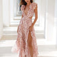 Sexy Pink Printed Deep V Neck Hollow Out Dress Women Sleeveless Ruffle Floral Split Long Dress