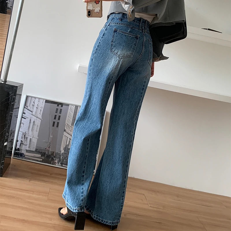 Slimming High Waist Bell Bottom Jeans Women's Summer New Design Wide Leg Pants Straight Cut Trousers Long Jeans Retro Sle