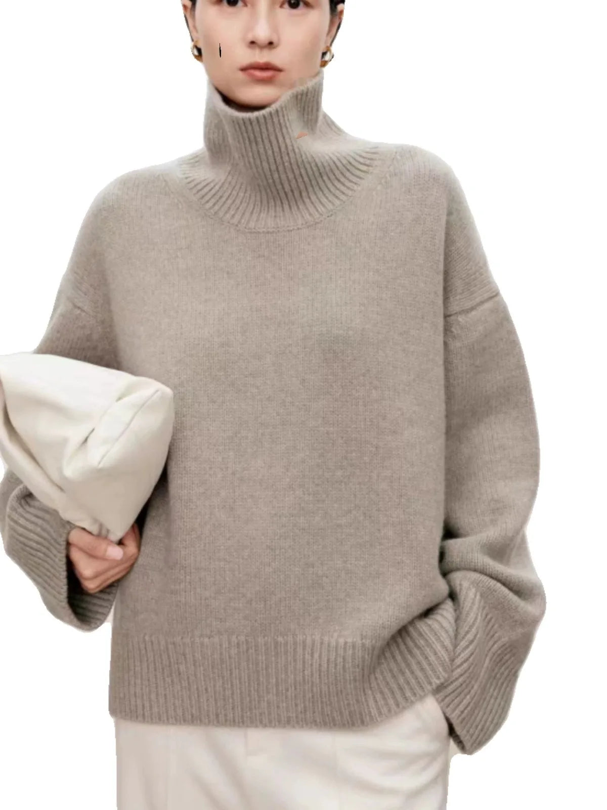 High-end soft waxy turtleneck 100%cashmere sweater women's loose thickened sweater base wool sweater