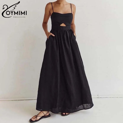 Oymimi Fashion Black Cotton Womens Dresses Elegant Spaghetti Strap Hollow Out Dress Summer Pockets Side Slit Loose Dress Female