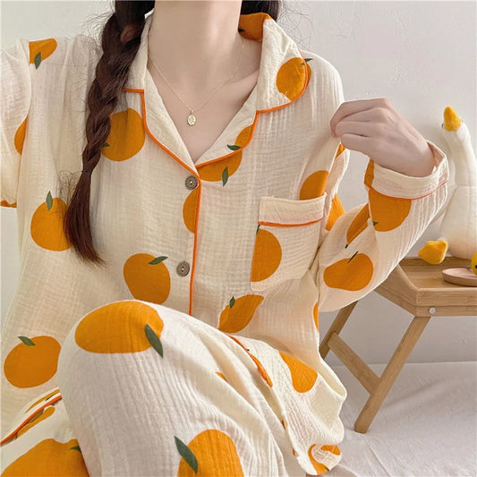 Women Pajamas Set Orange Print Sleepwear Autumn Korean Fashion Sweet Pyjamas Button Homewear Suit Women Home Clothes