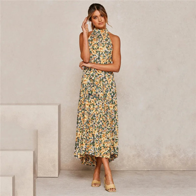 Summer Floral Print Halter Neck Dresses For Women Sleeveless Leace-up Long Dress Casual Beach Holiday Vestidos Female Clothing