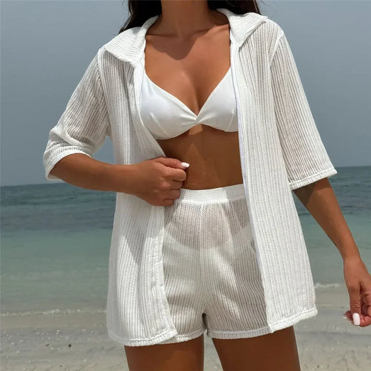 White Mesh Shirts Shorts Swimwear 4 Piece Bikinis Sets Beach Wear Sexy Swimsuit Women Bathing Suit Triangle Bikini 2025 Mujer