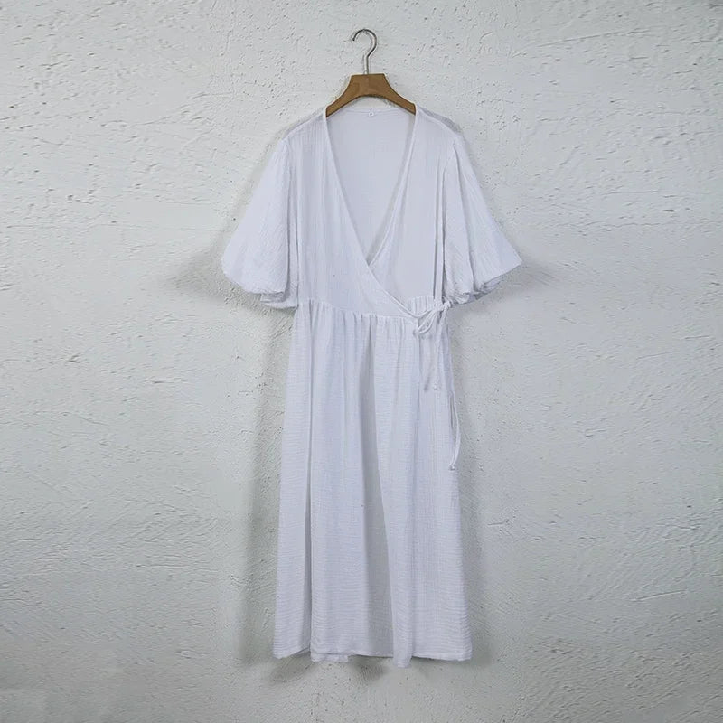 Elegant And Pretty Women'S Dress 100% Cotton Muslin Summer Puff Sleeve White Streetwear Party Holiday