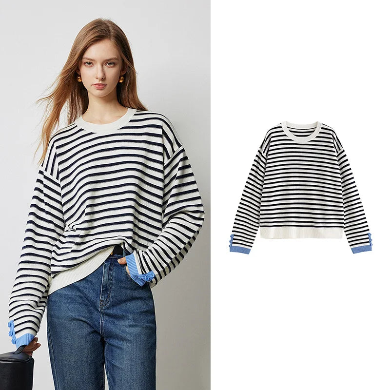 Women Knitted Sweater 2024 Autumn New Striped Long Sleeve Contrasting Woven Round Neck Pullover Tops