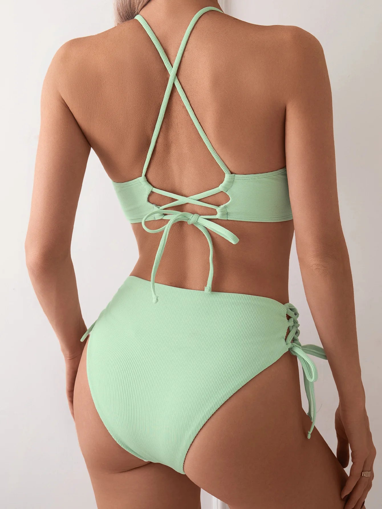 Cikini-V-Neck Split Bikini Set for Women, Sexy Swimsuit, Lace Up, Triangular Bikinis, Solid Color, Beach Swimwear, Bathing Suit