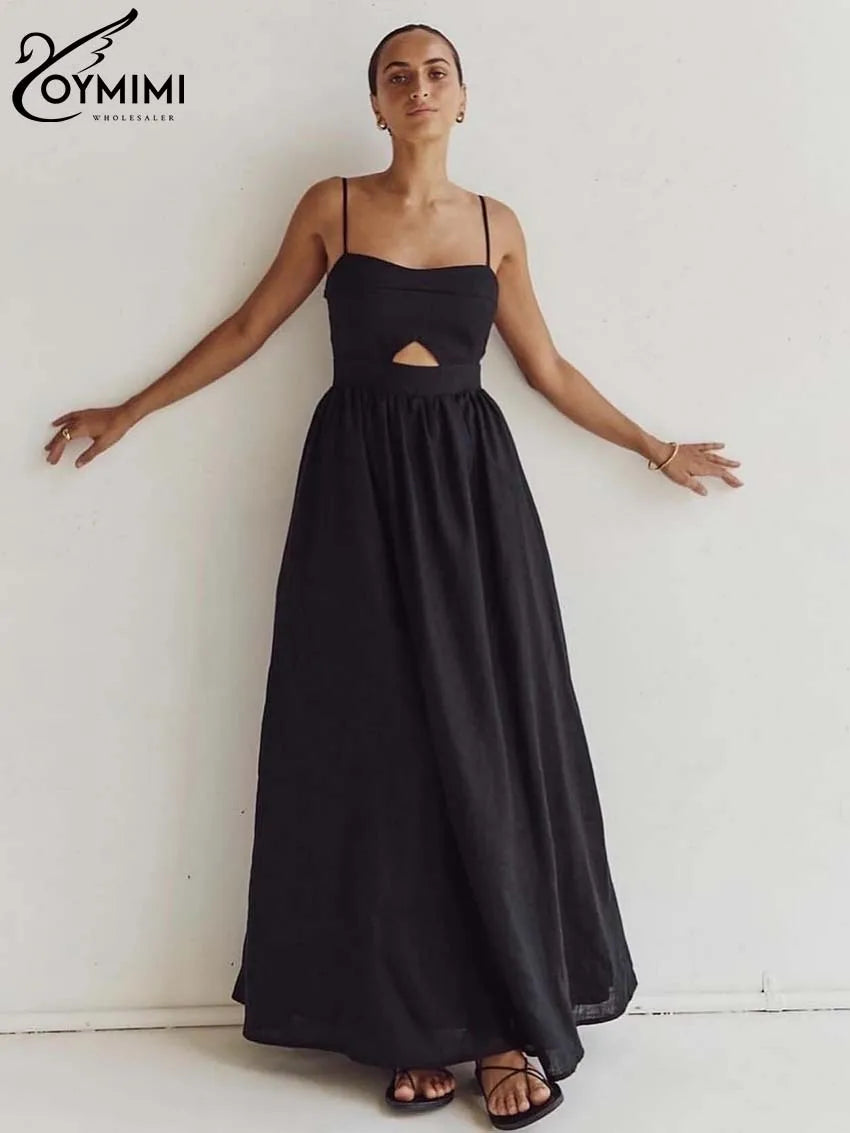 Oymimi Fashion Black Cotton Womens Dresses Elegant Spaghetti Strap Hollow Out Dress Summer Pockets Side Slit Loose Dress Female