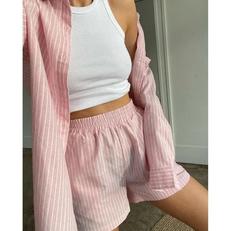 Women's Pajamas Set Home Clothes Sleepwear Loung Wear Stripe Long Sleeve Shirt Tops and Loose High Waisted Mini Shorts Pijama