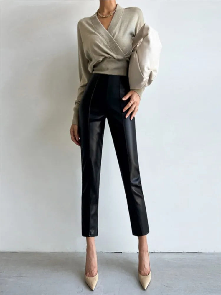 PU Autumn Winter Leather Pencil Pant Women Bodycon Fashion Office High Waist Ladies Trousers Casual Woman Pants 2024