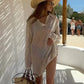 Solid Colour Beach Knit Mini Dress Women's Summer Sexy Hollow Out Long Sleeve Swimsuit Cover Up Boho Holiday Loose Beachwear K17