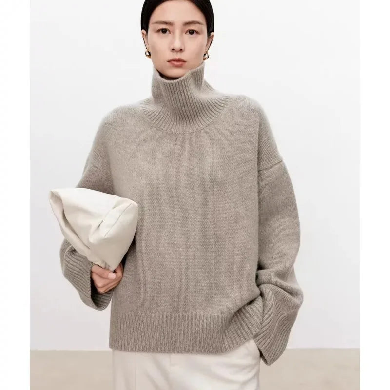 High-end soft waxy turtleneck 100%cashmere sweater women's loose thickened sweater base wool sweater