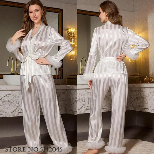 Sleepwear 2PCS Pyjamas Set White Stripes Lace Trouser Suits Pyjama