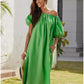 Fashionable Women's Green Lace Up Dress French Casual Lazy Style Bubble Sleeves Slanted Shoulder Short Sleeved Elegant Dress