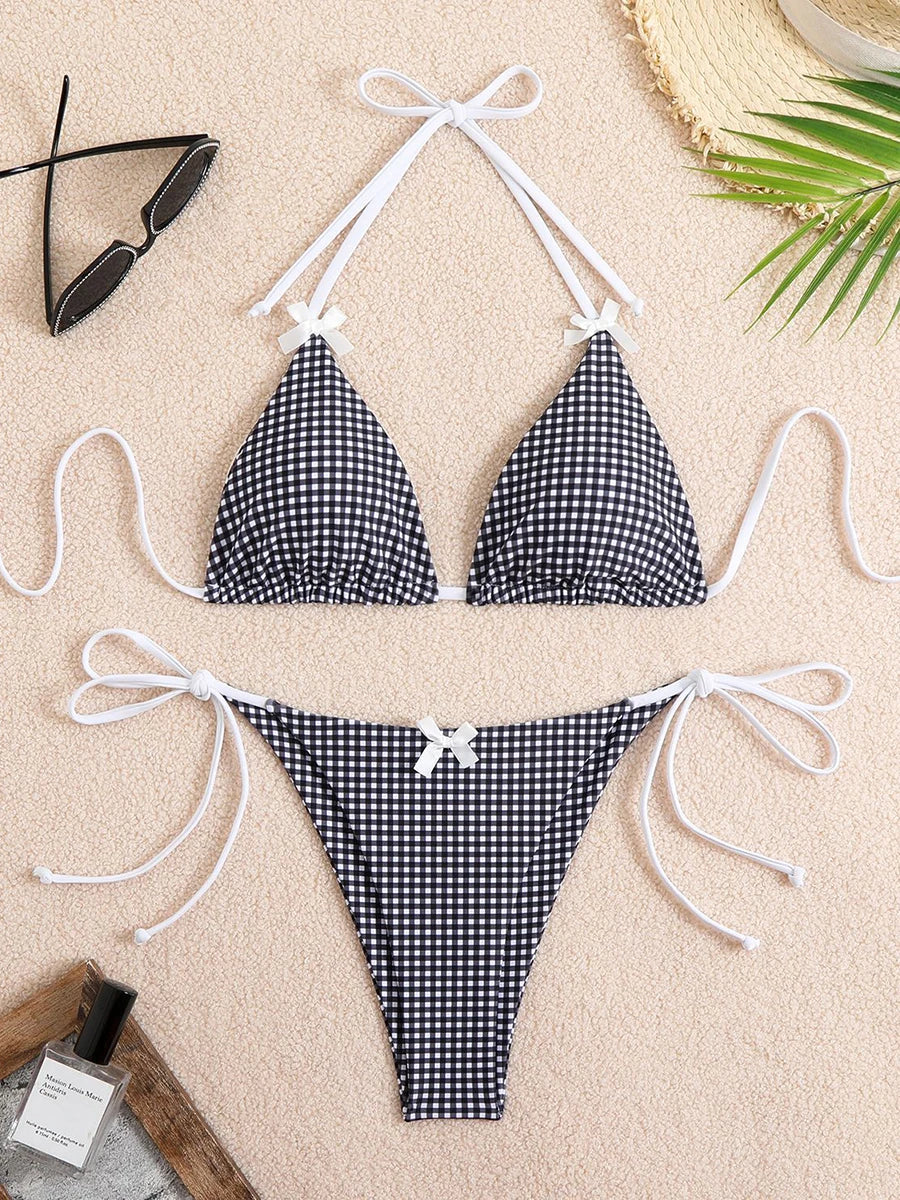 Sexy Bikini 2025 Swimwear Women's Swimsuit Butterfly Decor Checked Halter Thong Bikinis Sets Swimming for Beachwear Bathing Suit