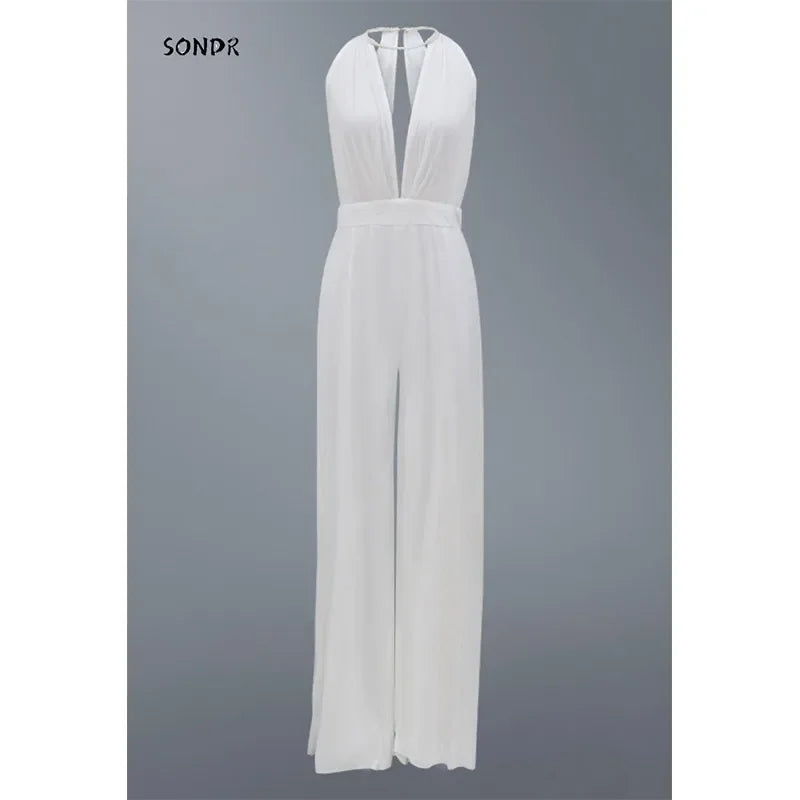 New High-end Young Sexy Club Hollow Out Fresh White Backless Elegant Free Women's High Waist Wide Leg Jumpsuits