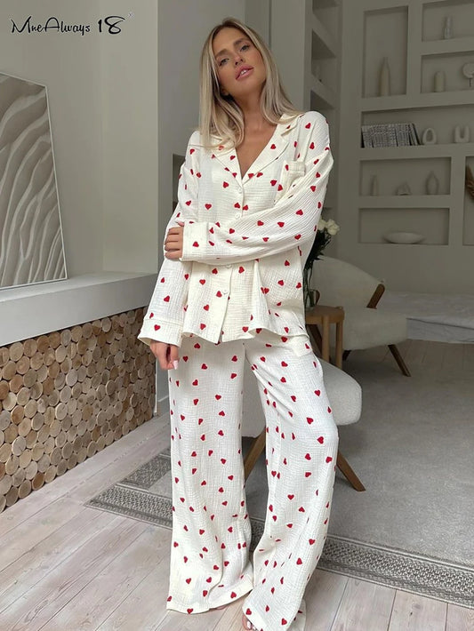 Love Print Cotton Pant Suits For Women Single-Breasted Pocket New In Women's Sleepwear Lapel Long Sleeve Woman