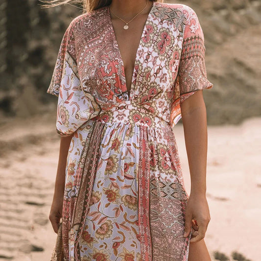 TEELYNN Floral Print Smock Frock Swim Bikini Cover Up Women Vintage Beach Boho Oversize Summer Long Dress Chiffon Robe Vestidos