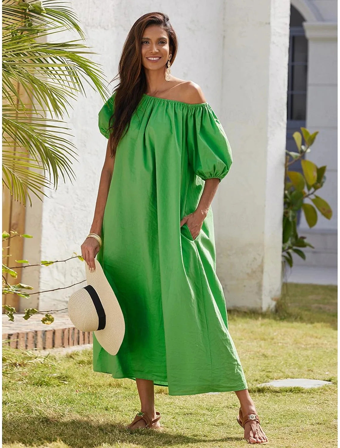 Fashionable Women's Green Lace Up Dress French Casual Lazy Style Bubble Sleeves Slanted Shoulder Short Sleeved Elegant Dress