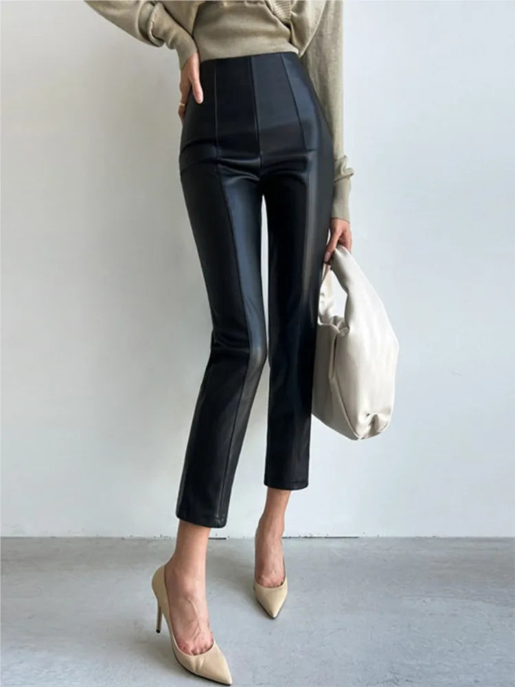 PU Autumn Winter Leather Pencil Pant Women Bodycon Fashion Office High Waist Ladies Trousers Casual Woman Pants 2024