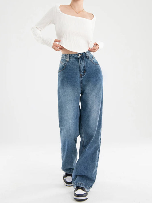 Women's Jeans Baggy Vintage Straight High Waist Jeans Korean Fashion Streetwear Casual Pants Femme Wide Leg Mom Denim Trouser