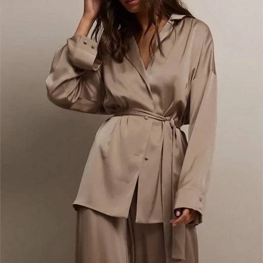 French 2 Pieces  Women Suits Outfits V-Neck Nightgown Shirts With Satin Soft Cozy Pants Sets Casual Daily Home Loose Pajamas