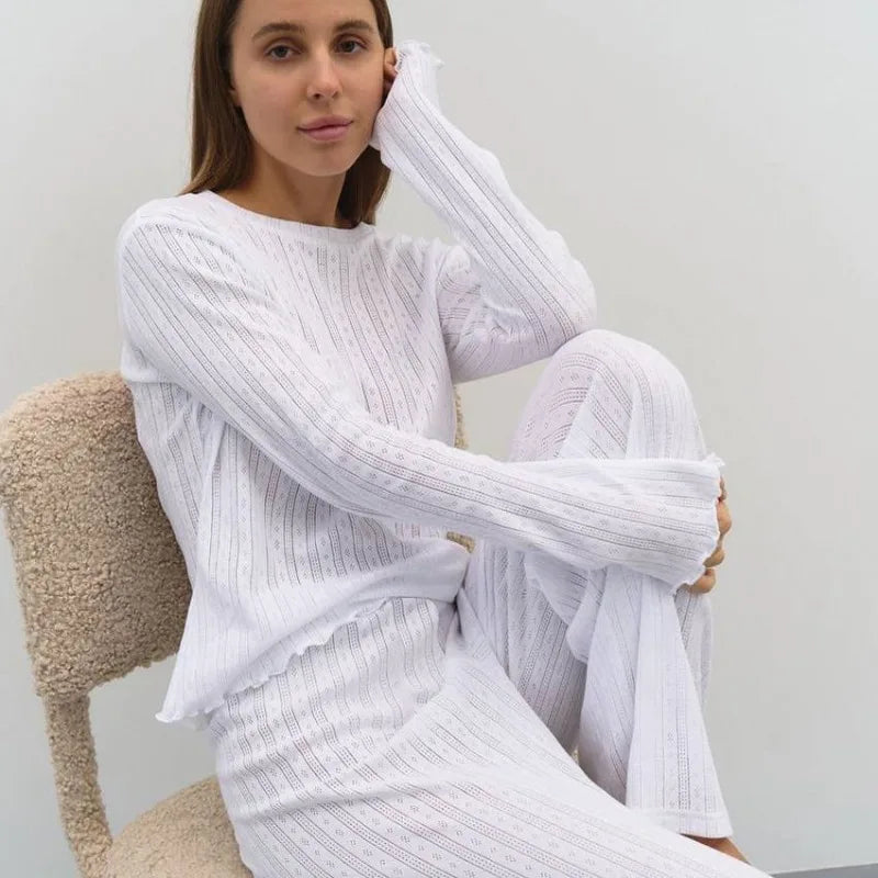 Pyjama Set 2 Pieces Long Sleeve Tops Pants Loungewear Women Sexy Sleepwear White Nightwear New