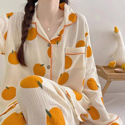 Women Pajamas Set Orange Print Sleepwear Autumn Korean Fashion Sweet Pyjamas Button Homewear Suit Women Home Clothes