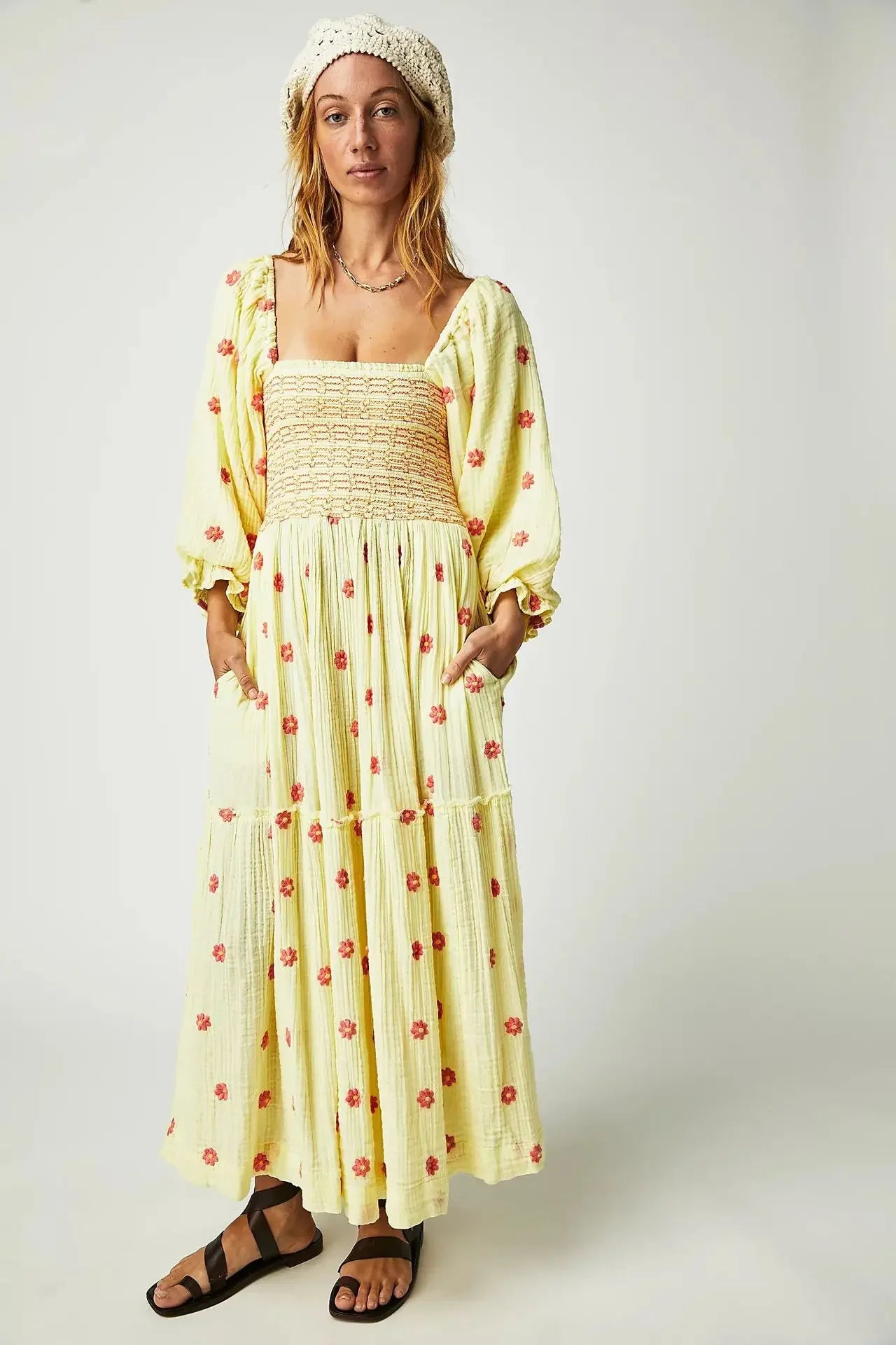 Floral Embroidery Maxi Dress Spring Autumn Long Sleeve Loose Boho Women Ruffles Casual Holiday Tiered Ladies Dresses