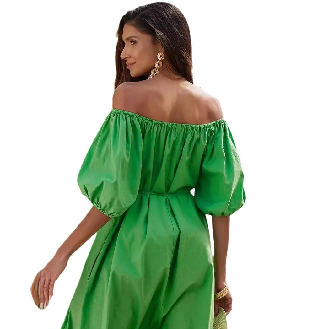 Fashionable Women's Green Lace Up Dress French Casual Lazy Style Bubble Sleeves Slanted Shoulder Short Sleeved Elegant Dress