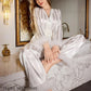 Sleepwear 2PCS Pyjamas Set White Stripes Lace Trouser Suits Pyjama