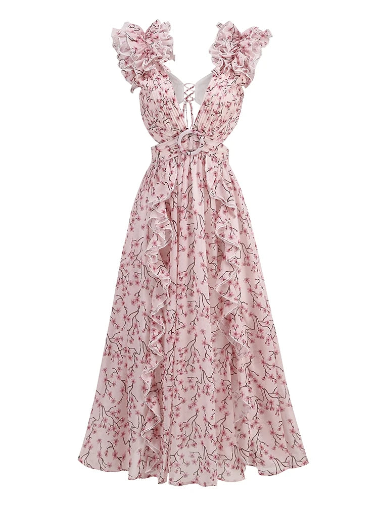 Sexy Pink Printed Deep V Neck Hollow Out Dress Women Sleeveless Ruffle Floral Split Long Dress