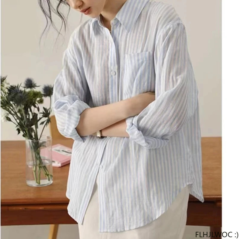 Cotton Linen Thin Transparent Tops Blouses New 2024 Summer Long Sleeve Loose Casual Button Striped Boyfriend Design Shirts