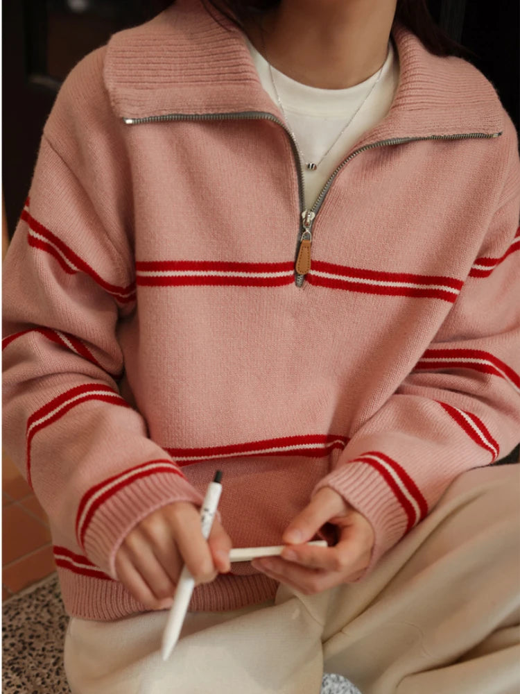 Zipper Striped Pink Sweater Retro Contrast Fashion Autumn/Winter Sweaters for Women 2023 LOOSE Grey Long Sleeve Knit Pullovers