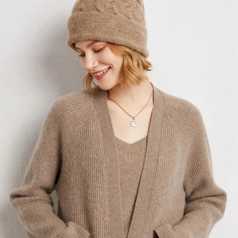 Women Cardigans 100% CASHMERE Knitwear Long Jackets Loose Winter Soft Warm Vneck Clothes Ladies Sweater FN01