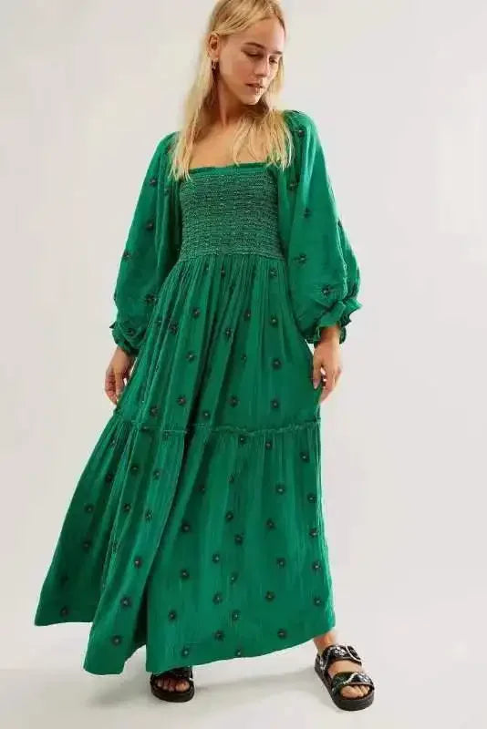 Floral Embroidery Maxi Dress Spring Autumn Long Sleeve Loose Boho Women Ruffles Casual Holiday Tiered Ladies Dresses