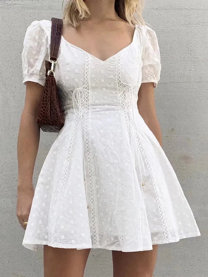 Elegant French Chic Mini Dresss White Cotton Lace Up Hollow Out Embroidery Women Ladies Vacation Dresses