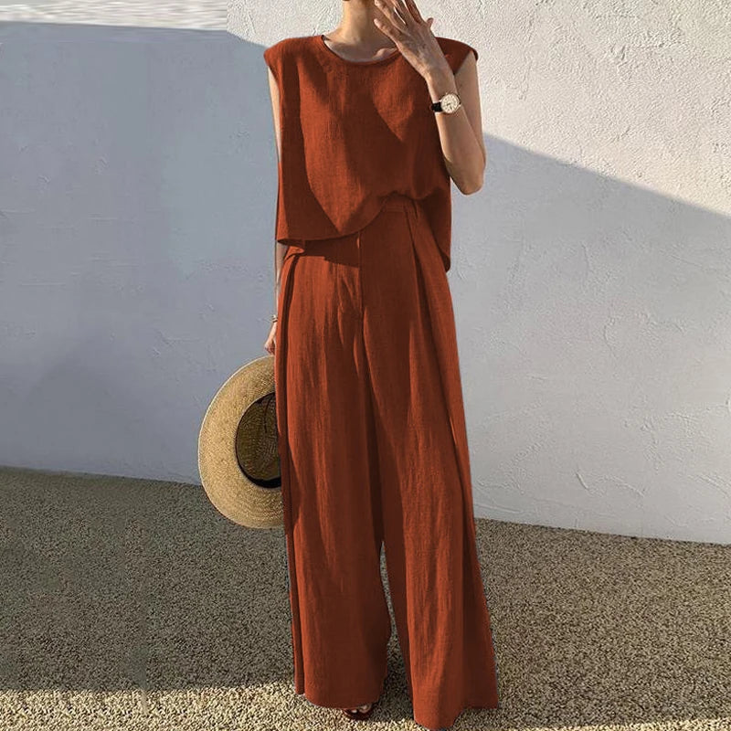 Women Casual Sleeveless Loose 2Pc Set New Fashion Simple Cotton Linen Solid Outfits Elegant O-neck Pullover Top & Long Pant Suit