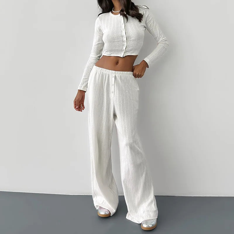 Pyjamas Home wear Hollow Pants Casual Suit Women's Matching Sets Buttons Crop Top Loose Trousers Autumn 2024 New