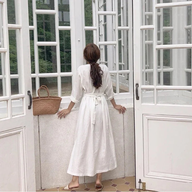 Long Sleeve Maxi Dress Cotton and Linen White Dress for Women