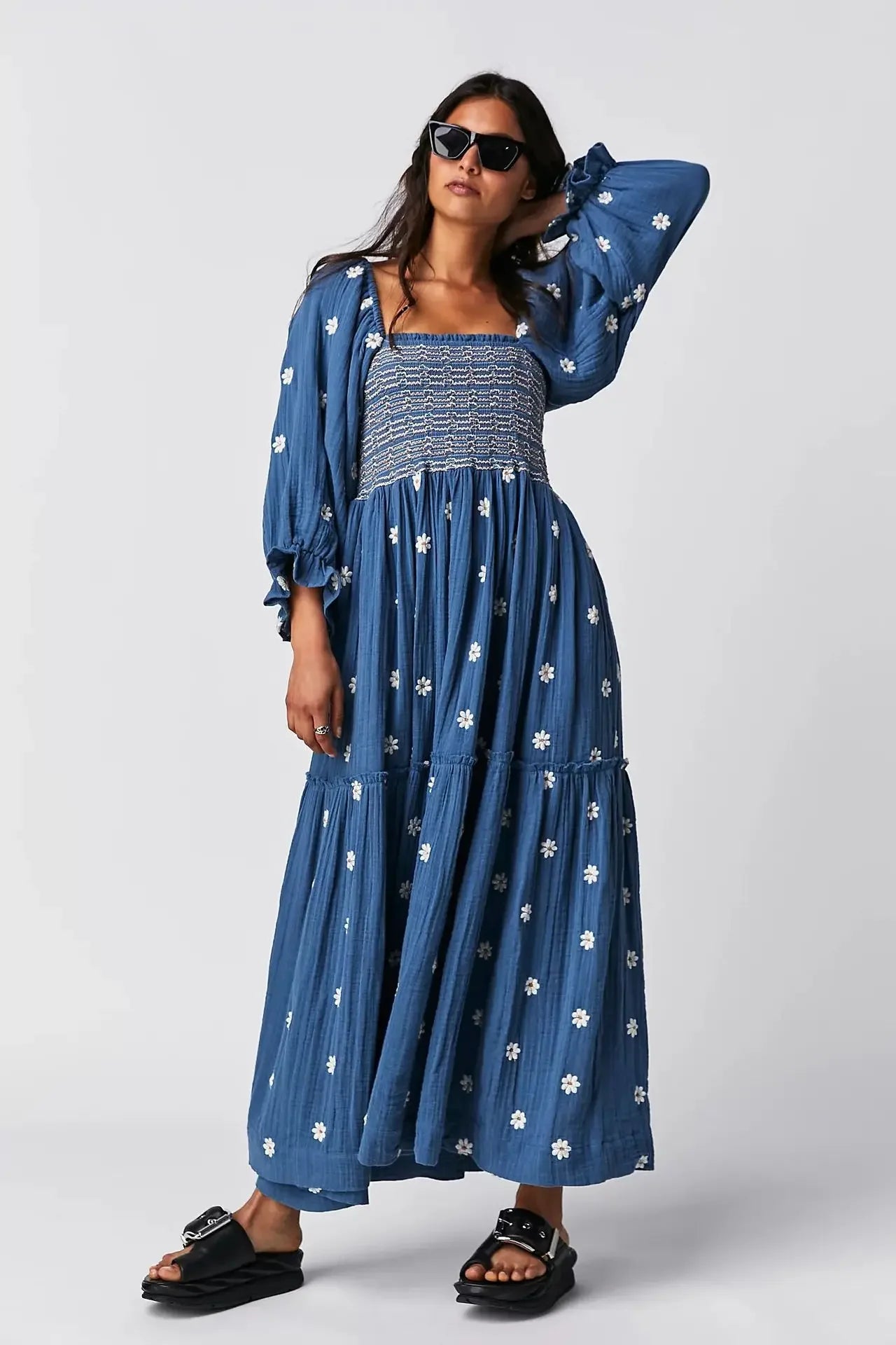 Floral Embroidery Maxi Dress Spring Autumn Long Sleeve Loose Boho Women Ruffles Casual Holiday Tiered Ladies Dresses