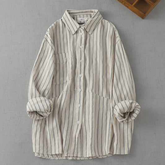 SuperAen Vertical Striped Linen Shirt Women's Autumn Casual Japanese Layered Shirt Long-sleeved Casual Shirts