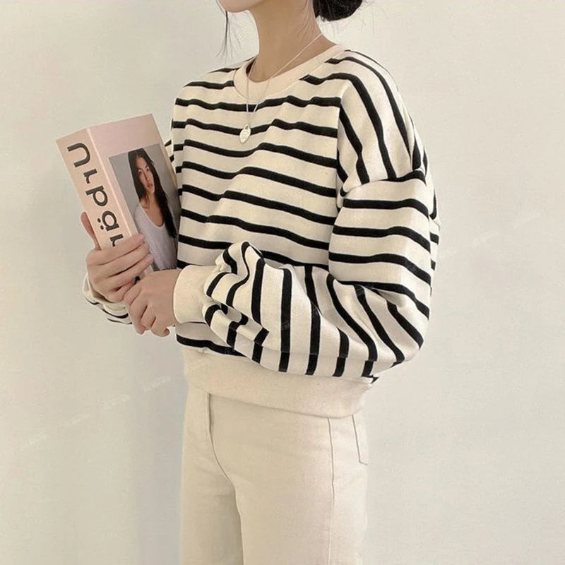 Fall Thin Striped Print Long Sleeve Women T Shirt Harajuku Casual All-match Fashion Oversized Student Vintage Top Tee Black Grey