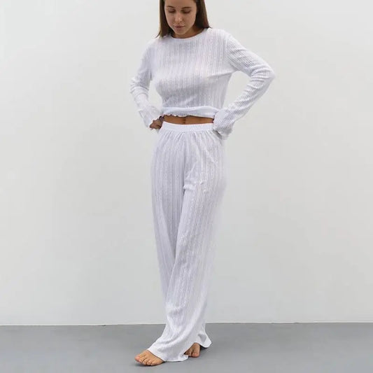 Pyjama Set 2 Pieces Long Sleeve Tops Pants Loungewear Women Sexy Sleepwear White Nightwear New