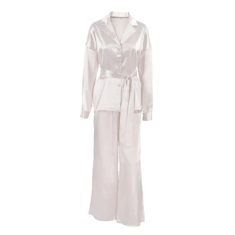 French 2 Pieces  Women Suits Outfits V-Neck Nightgown Shirts With Satin Soft Cozy Pants Sets Casual Daily Home Loose Pajamas