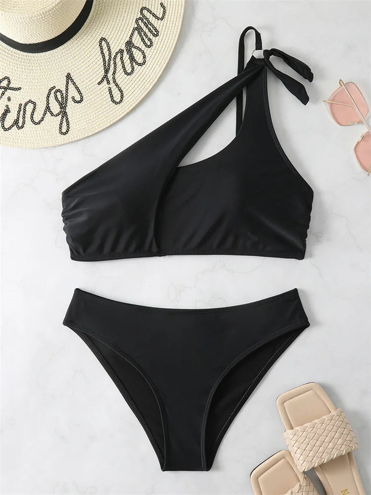 Bikini 2024 New Swimsuit Women Swimwear Solid Black One Shoulder Bikinis Set Bathing Suit Female Two Pieces Beach Wear Biquini