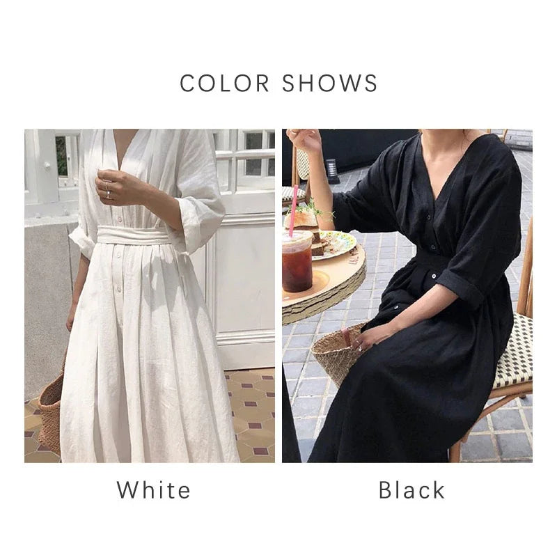 TFETTERS Brand Cardigan Women Long Shirt 2024 Spring and Autumn Long Sleeve Maxi Dress Cotton and Linen White Dress for Women