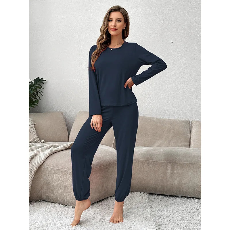 Women's Solid Polyester Fiber Casual Pajama Set Long Sleeved Crew Neck Loose Top Pants Pajamas And Autumn 2 Piece Home Wear Set