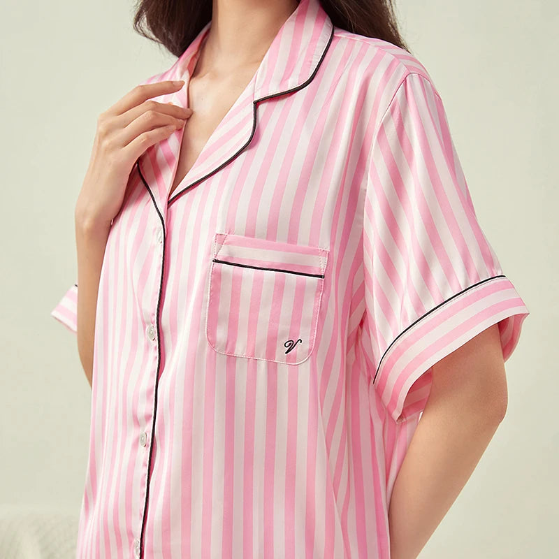 Women's Ice Silk Embroidered Short-Sleeved Pajama Set Shorts Included Striped Design Popular Homewear For Influencers In Summer